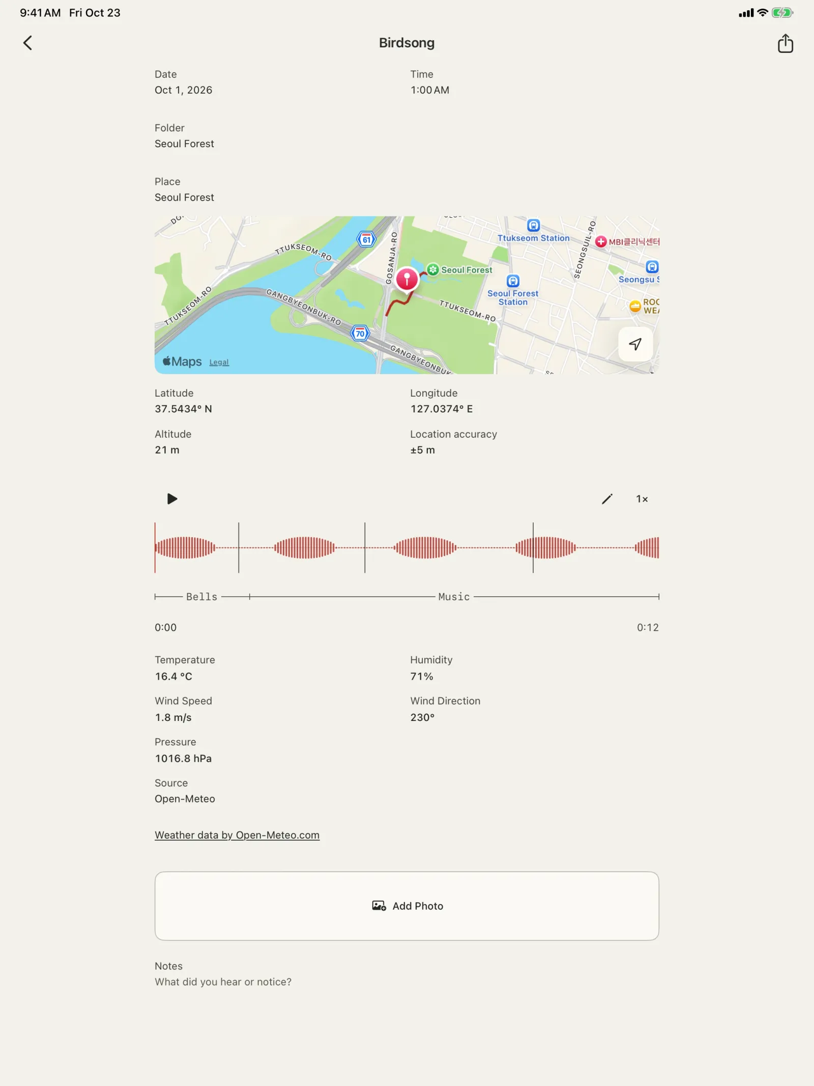 Topofon on iPad: a field log with a route, waveform and weather. English interface with sample data.