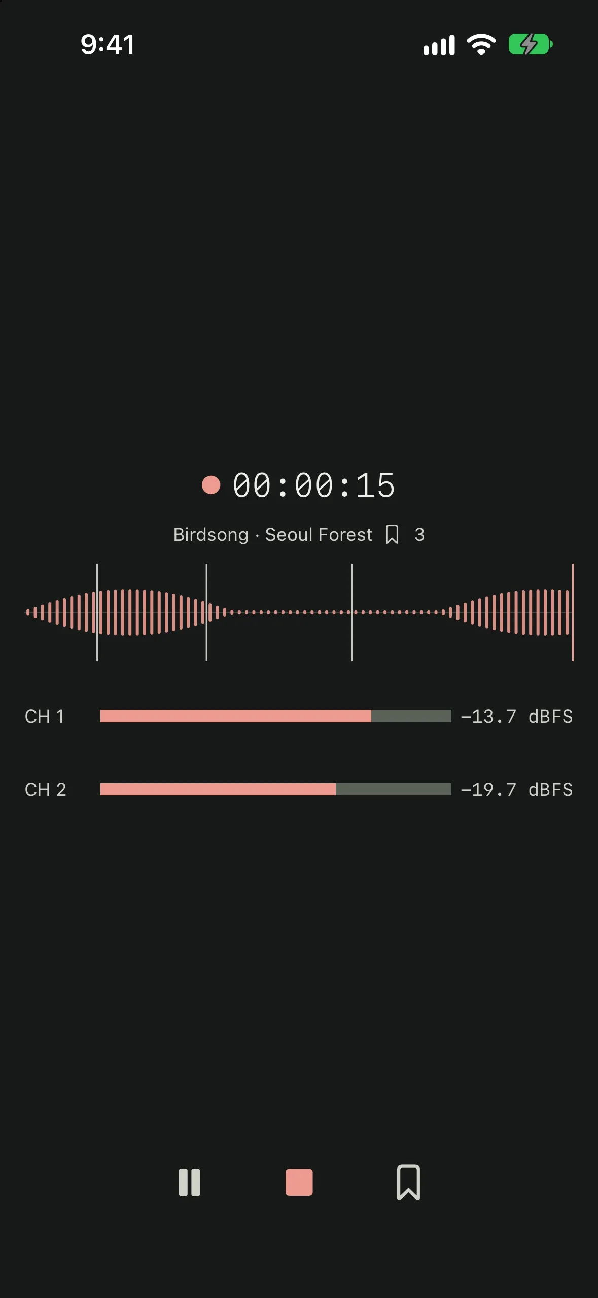 Record, pause and mark moments from the recording screen. English interface with sample data.