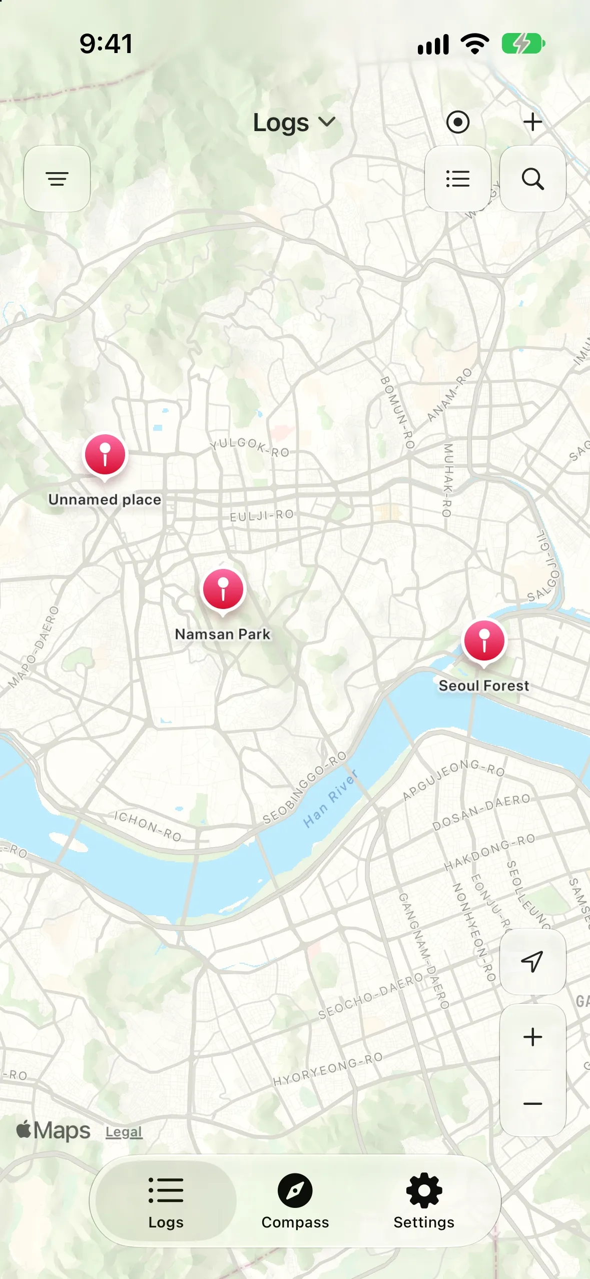 Map view shows logs at their recorded locations.