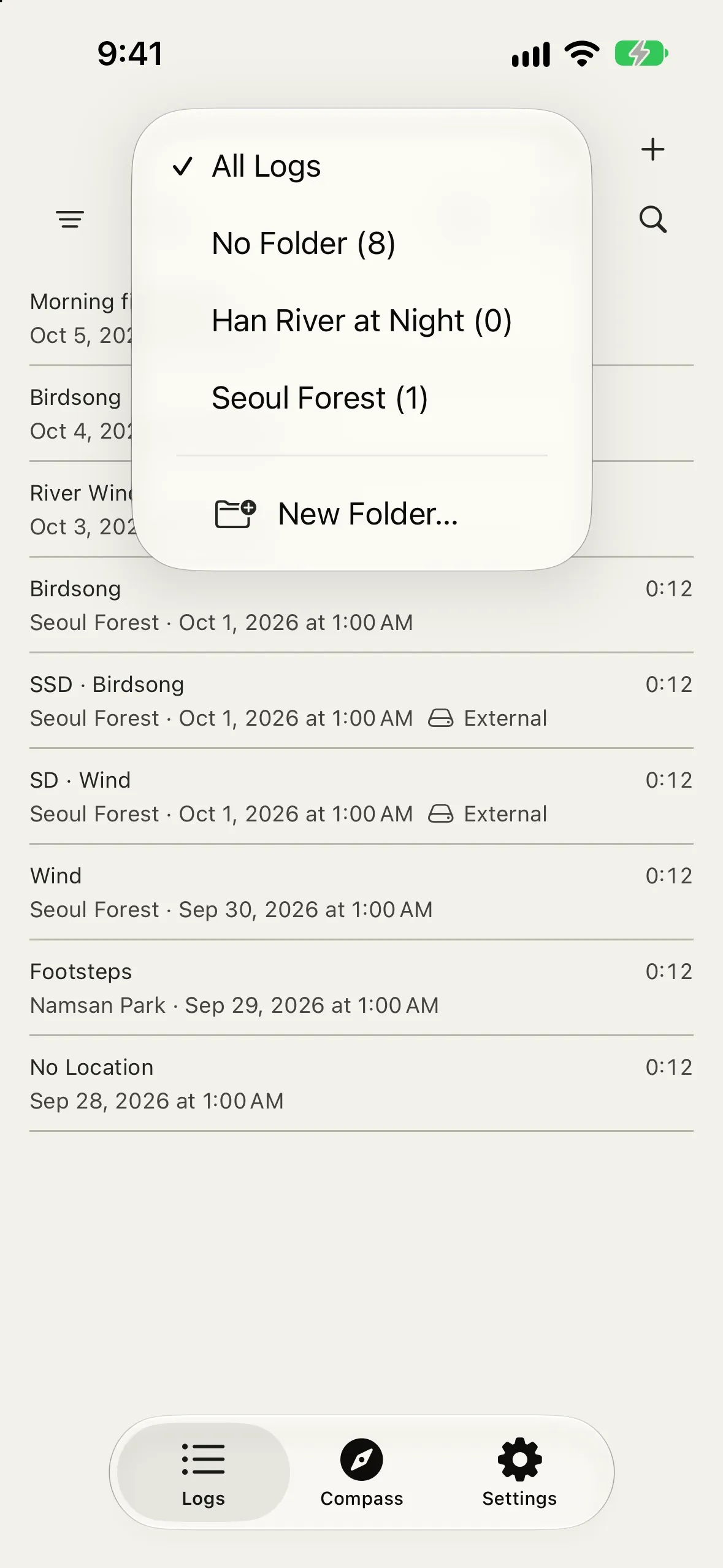 The title menu filters logs by folder and provides New Folder.